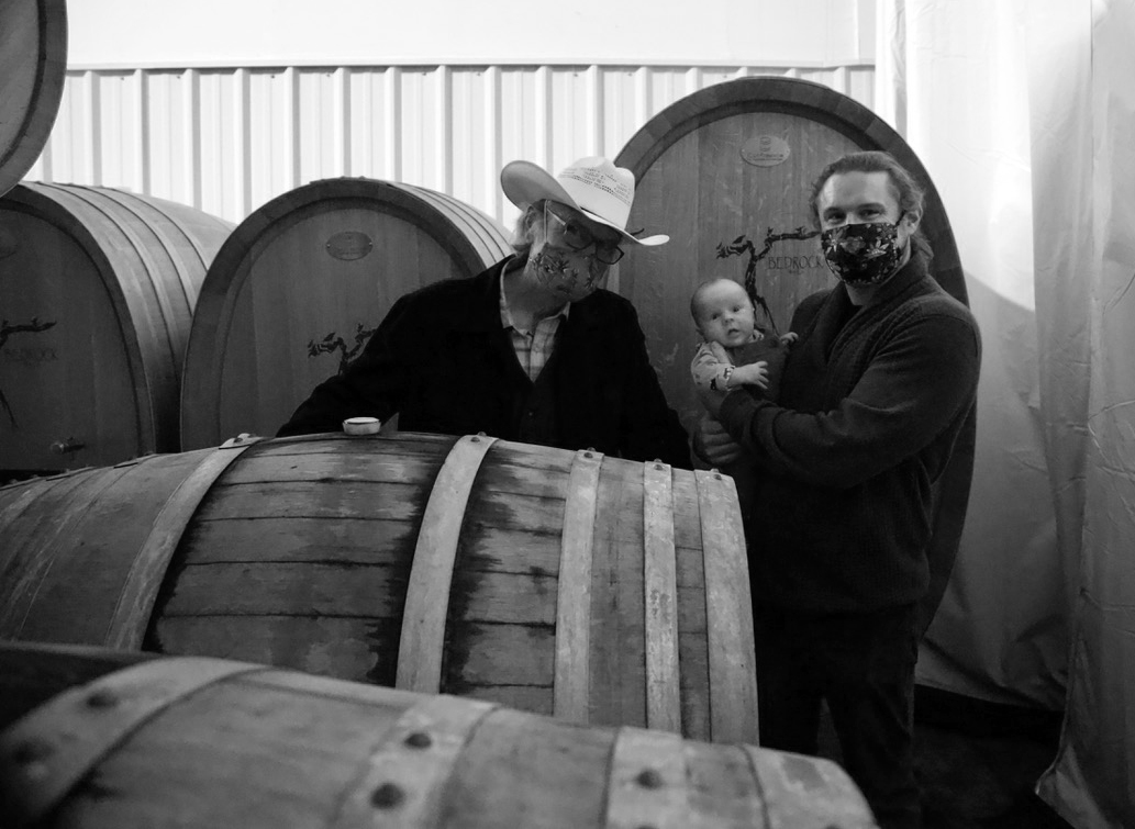 Joel, JP and Morgan in front of Stockinger 1000L and 1500 Liter ovals and behind 500 liter puncheons