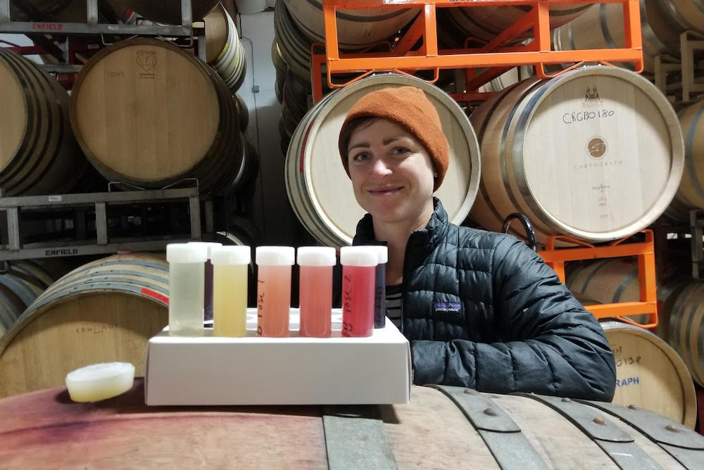 Assistant Winemaker Katie Rouse reviewing barrel samples at the Bedrock winery