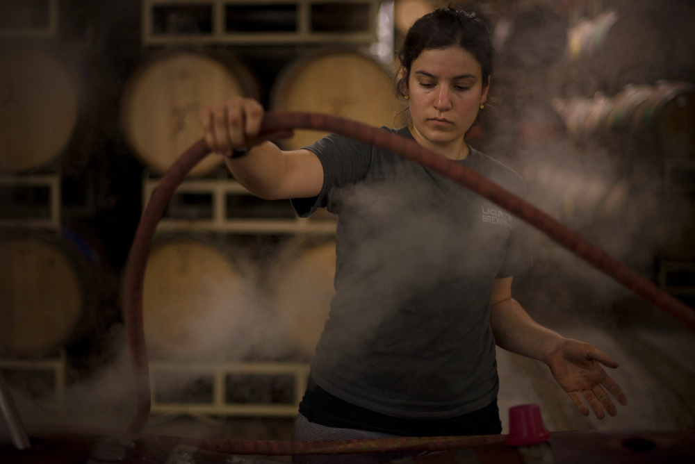 Vineyard expert Sarah Geisse steaming barrels